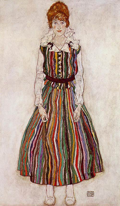 Portrait of Edith Schiele In A Striped Dress Egon Schiele